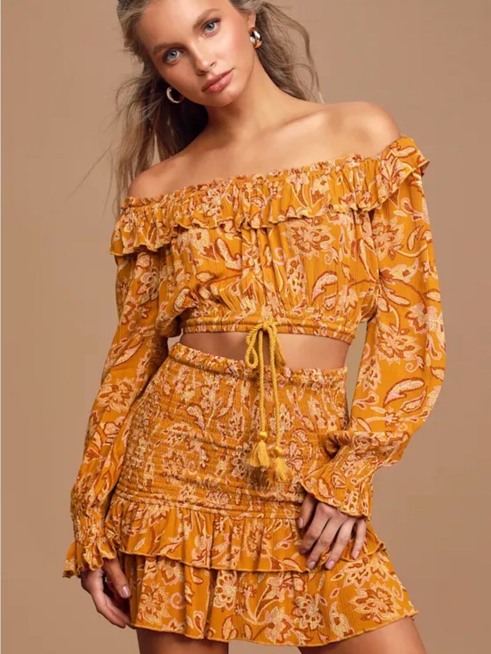 BeFree Mustard Yellow Floral Print Off-the-Shoulder Crop Top with Matching Skirt